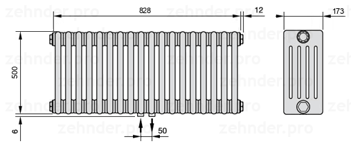 Схема (чертеж) Радиатор Zehnder Charleston 5050/18 №3470 Белый глянцевый RAL 9016